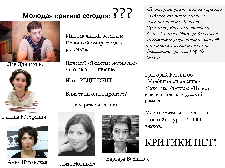 Молодая критика сегодня: ? ? ? Минимальный резонанс. Основной жанр сегодня – рецензия. Лев