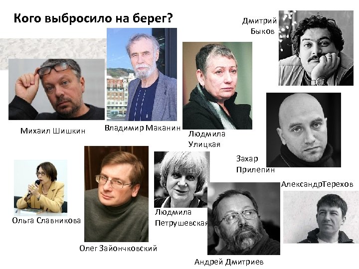 Кого выбросило на берег? Михаил Шишкин Владимир Маканин Дмитрий Быков Людмила Улицкая Захар Прилепин