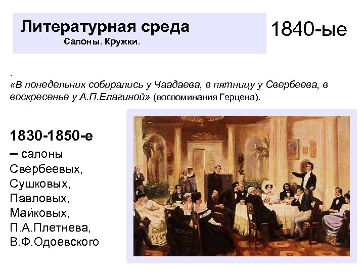 Литературная среда Салоны. Кружки. 1840 -ые . «В понедельник собирались у Чаадаева, в пятницу