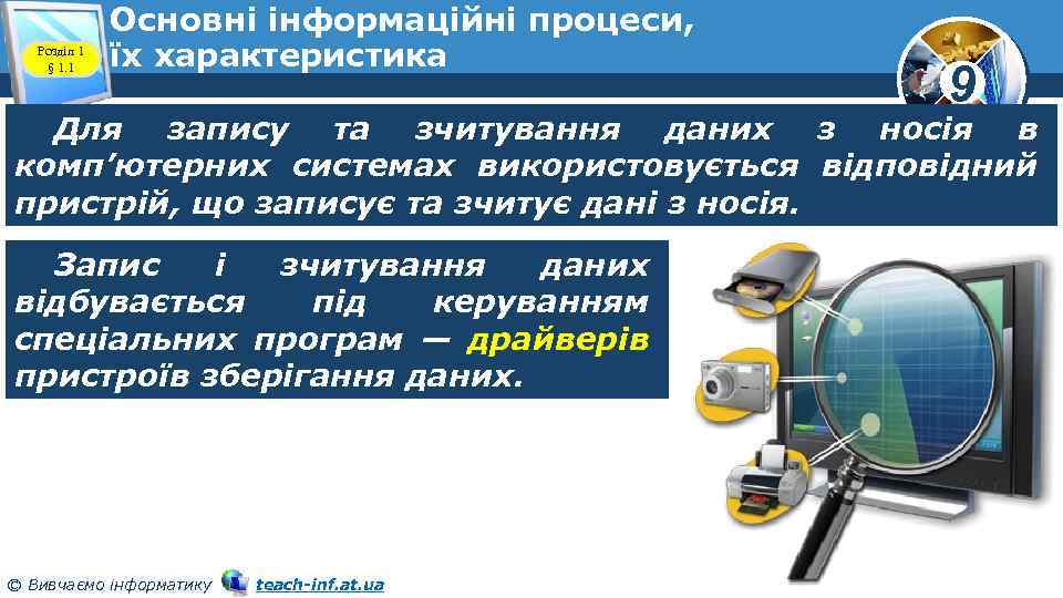 Розділ 1 § 1. 1 Основні інформаційні процеси, їх характеристика 9 Для запису та