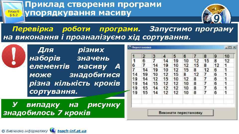 Розділ 6 § 6. 2 Приклад створення програми упорядкування масиву 9 Перевірка роботи програми.