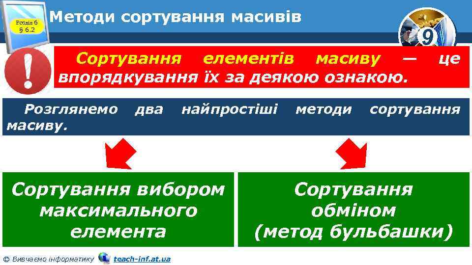 Розділ 6 § 6. 2 Методи сортування масивів Сортування елементів масиву — впорядкування їх