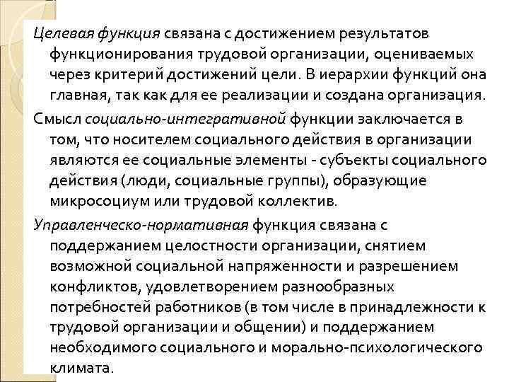 Целевая функция связана с достижением результатов функционирования трудовой организации, оцениваемых через критерий достижений цели.