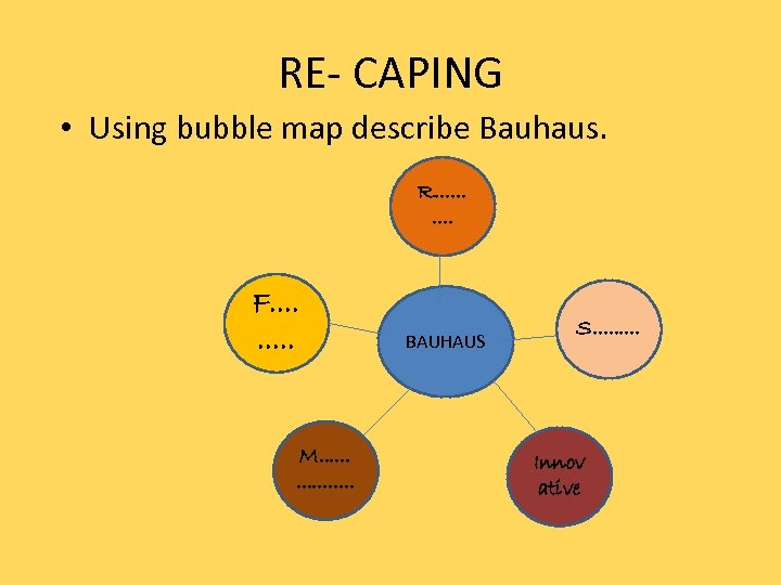 RE- CAPING • Using bubble map describe Bauhaus. R. . F. . M. .