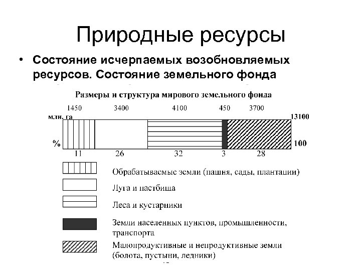 Природные ресурсы • Состояние исчерпаемых возобновляемых ресурсов. Состояние земельного фонда 