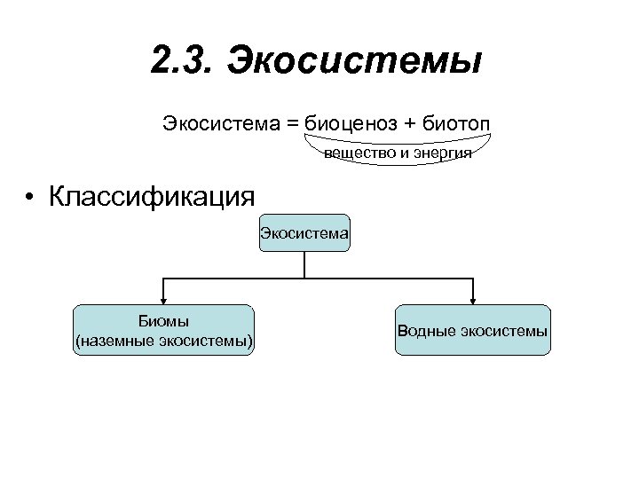 2. 3. Экосистемы Экосистема = биоценоз + биотоп вещество и энергия • Классификация Экосистема