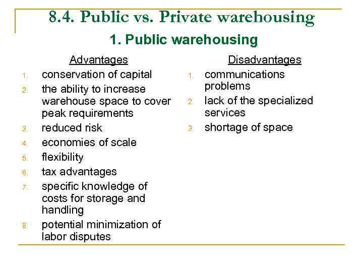 8. 4. Public vs. Private warehousing 1. Public warehousing 1. 2. 3. 4. 5.