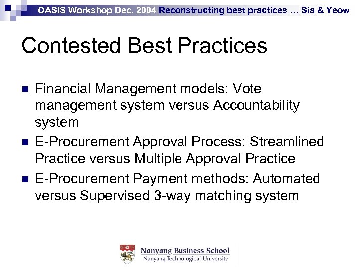 OASIS Workshop Dec. 2004 Reconstructing best practices … Sia & Yeow Contested Best Practices