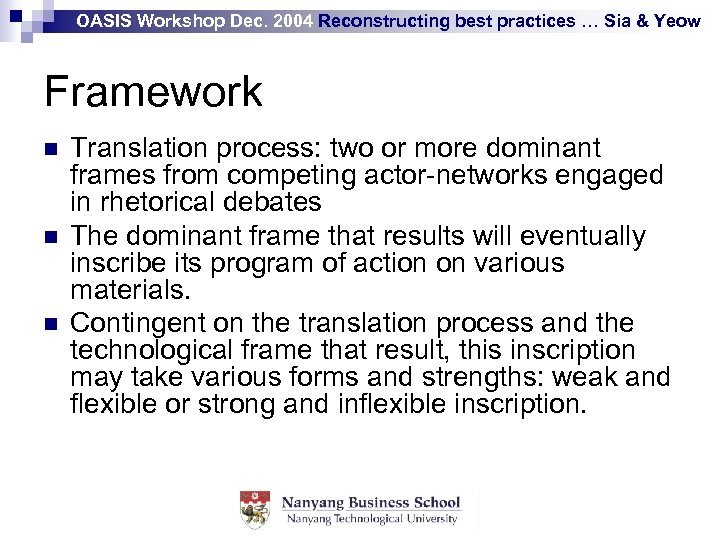 OASIS Workshop Dec. 2004 Reconstructing best practices … Sia & Yeow Framework n n