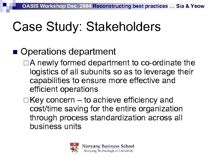 OASIS Workshop Dec. 2004 Reconstructing best practices … Sia & Yeow Case Study: Stakeholders