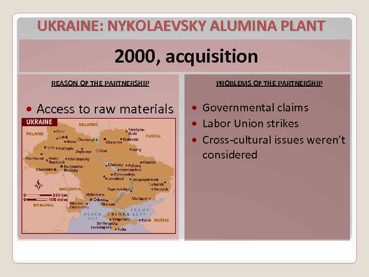 UKRAINE: NYKOLAEVSKY ALUMINA PLANT 2000, acquisition REASON OF THE PARTNERSHIP Access to raw materials