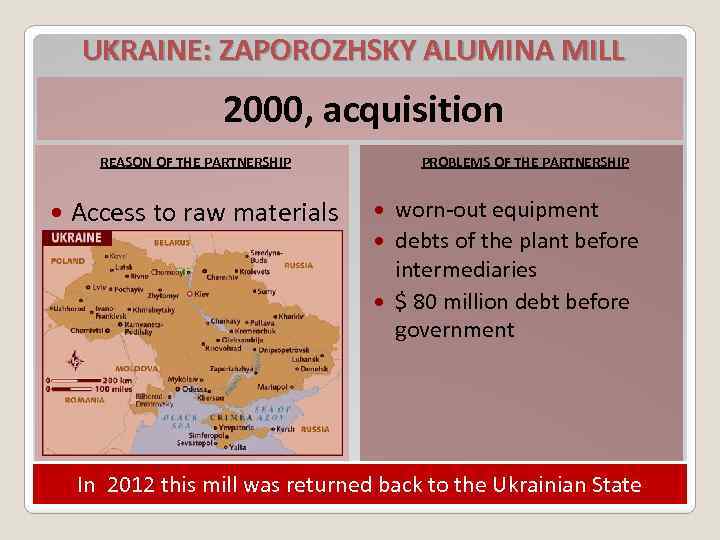 UKRAINE: ZAPOROZHSKY ALUMINA MILL 2000, acquisition REASON OF THE PARTNERSHIP Access to raw materials