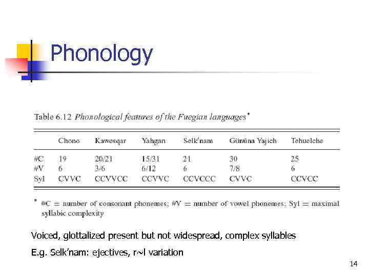 Phonology Voiced, glottalized present but not widespread, complex syllables E. g. Selk’nam: ejectives, r~l
