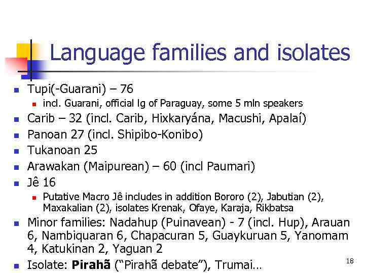Language families and isolates n Tupi(-Guarani) – 76 n n n Carib – 32