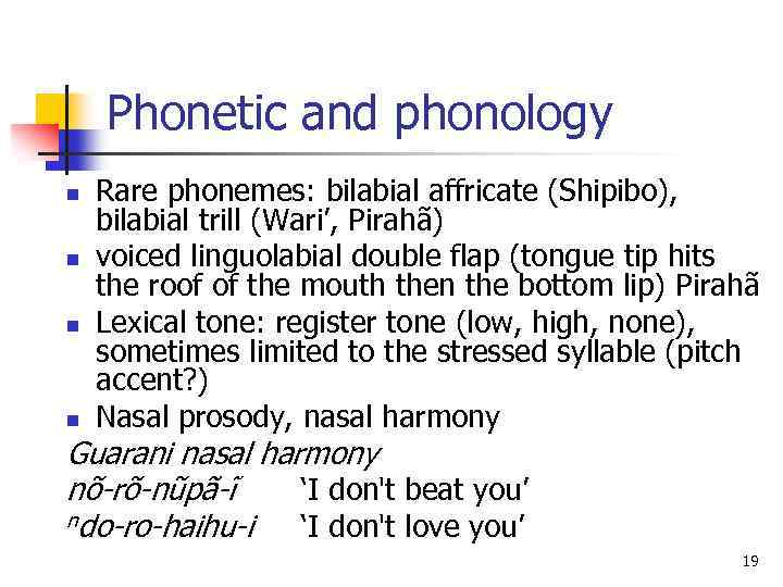 Phonetic and phonology n n Rare phonemes: bilabial affricate (Shipibo), bilabial trill (Wari’, Pirahã)