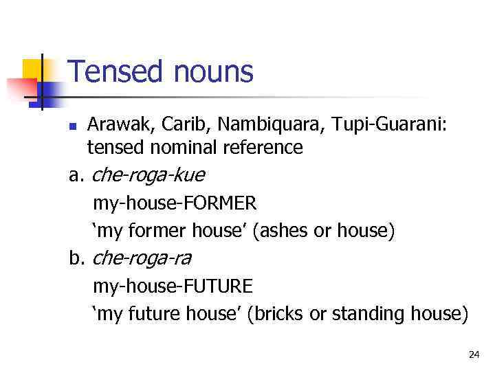 Tensed nouns n Arawak, Carib, Nambiquara, Tupi-Guarani: tensed nominal reference a. che-roga-kue my-house-FORMER ‘my
