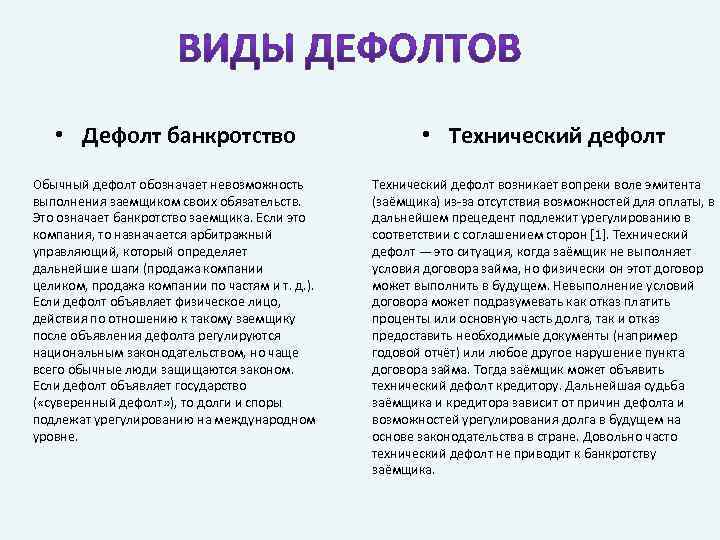  • Дефолт банкротство • Технический дефолт Обычный дефолт обозначает невозможность выполнения заемщиком своих