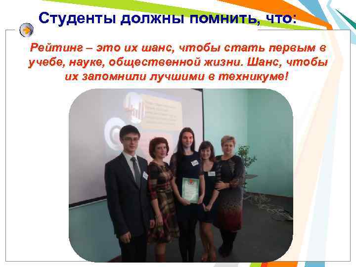 Студенты должны помнить, что: Рейтинг – это их шанс, чтобы стать первым в учебе,