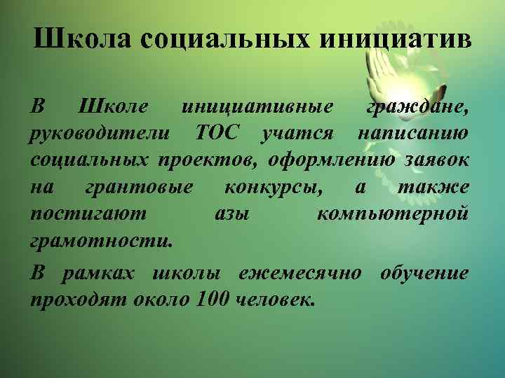 Школа социальных инициатив В Школе инициативные граждане, руководители ТОС учатся написанию социальных проектов, оформлению