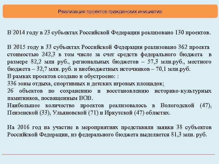 Реализация проектов гражданских инициатив В 2014 году в 23 субъектах Российской Федерации реализовано 130