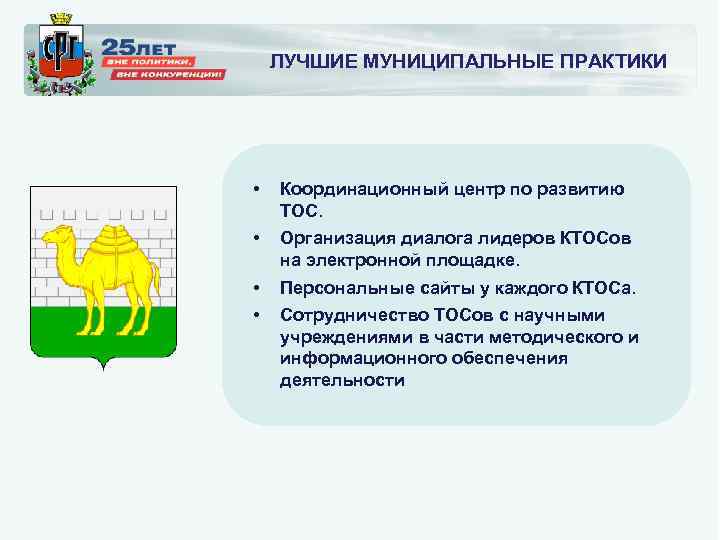 ЛУЧШИЕ МУНИЦИПАЛЬНЫЕ ПРАКТИКИ • Координационный центр по развитию ТОС. • Организация диалога лидеров КТОСов