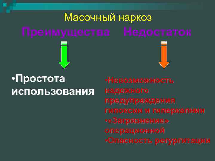 Масочный наркоз Преимущества • Простота использования Недостаток • Невозможность надежного предупреждения гипоксии и гиперкапнии
