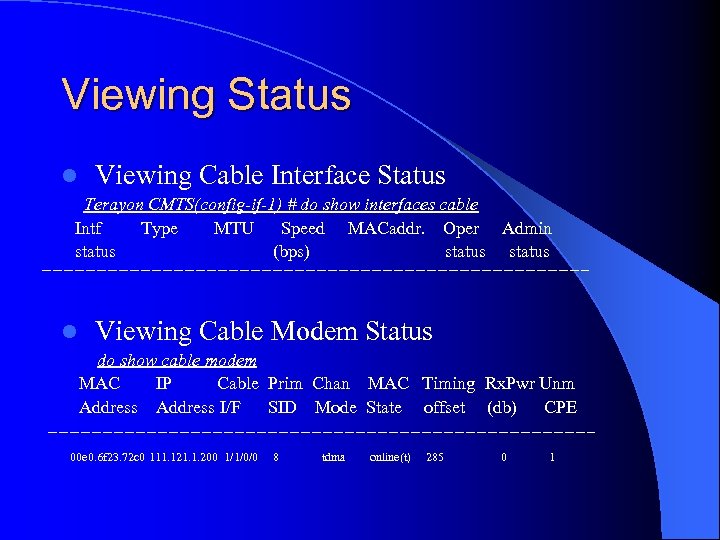 Viewing Status l Viewing Cable Interface Status Terayon CMTS(config-if-1) # do show interfaces cable