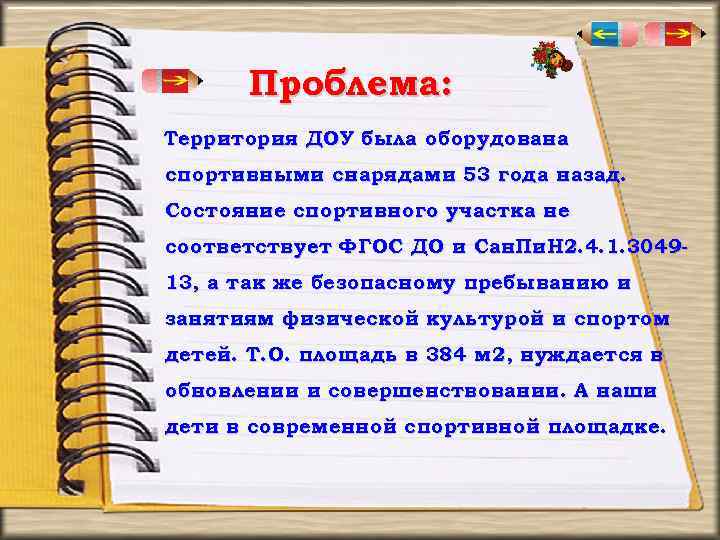 Проблема: Территория ДОУ была оборудована спортивными снарядами 53 года назад. Состояние спортивного участка не