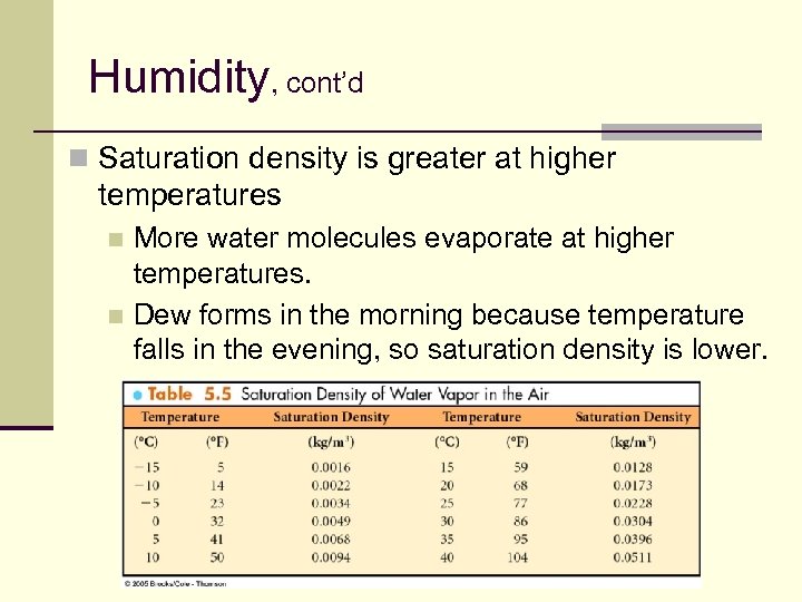 Humidity, cont’d n Saturation density is greater at higher temperatures More water molecules evaporate