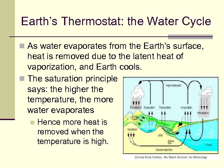 Earth’s Thermostat: the Water Cycle n As water evaporates from the Earth’s surface, heat