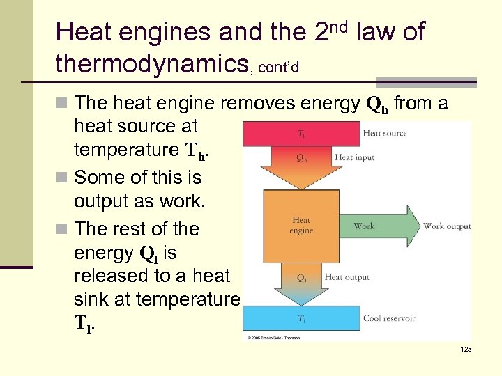 Heat engines and the 2 nd law of thermodynamics, cont’d n The heat engine