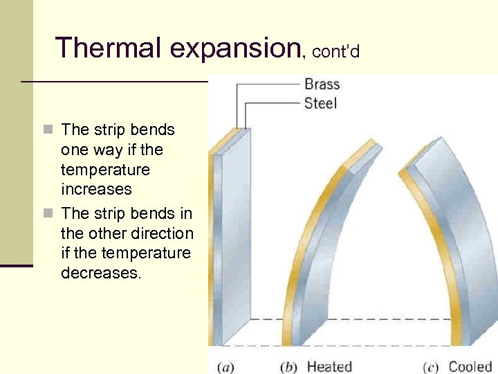 Thermal expansion, cont’d n The strip bends one way if the temperature increases n