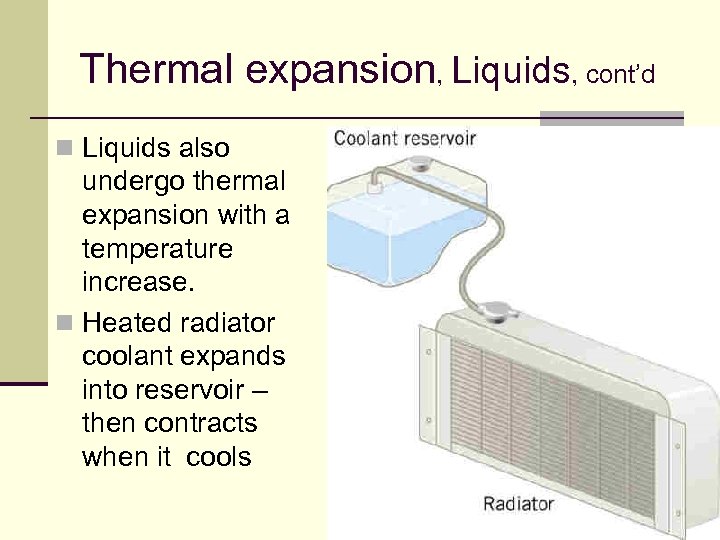 Thermal expansion, Liquids, cont’d n Liquids also undergo thermal expansion with a temperature increase.