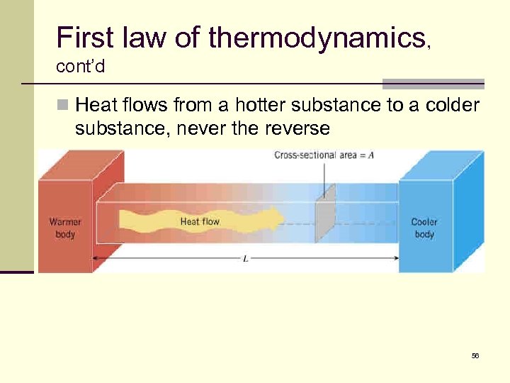 First law of thermodynamics, cont’d n Heat flows from a hotter substance to a