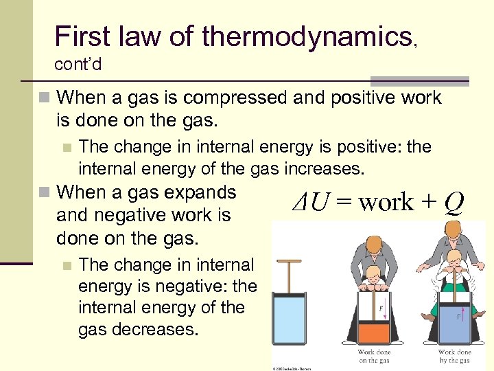 First law of thermodynamics, cont’d n When a gas is compressed and positive work