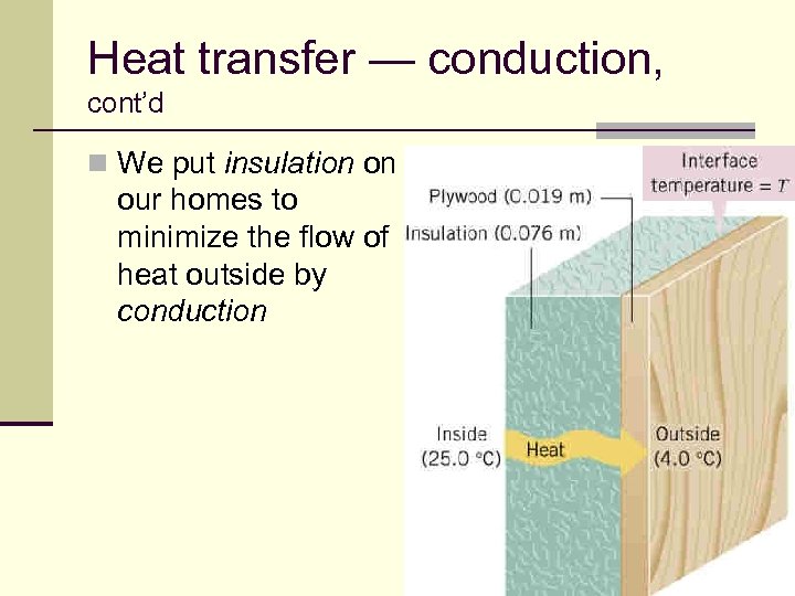 Heat transfer — conduction, cont’d n We put insulation on our homes to minimize