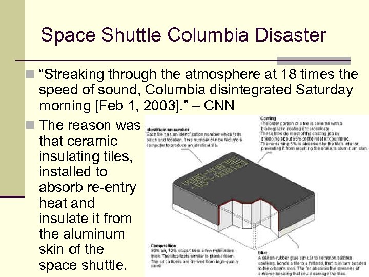 Space Shuttle Columbia Disaster n “Streaking through the atmosphere at 18 times the speed