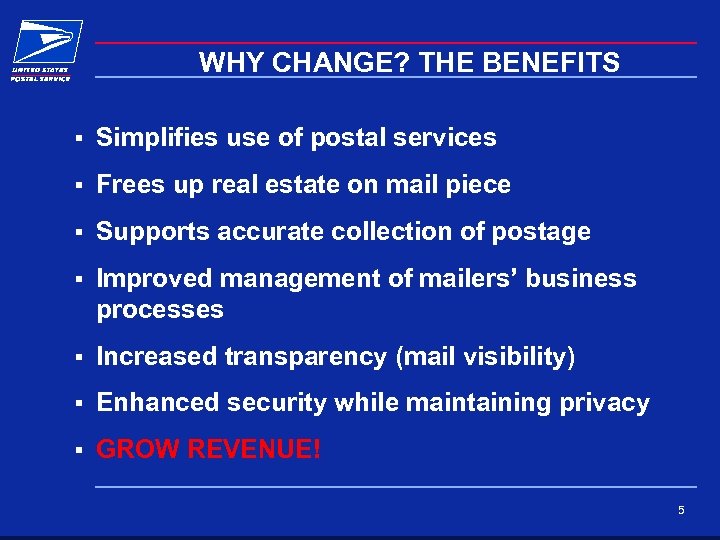 WHY CHANGE? THE BENEFITS § Simplifies use of postal services § Frees up real