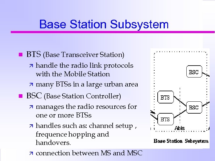 Base Station Subsystem n BTS (Base Transceiver Station) ä ä n handle the radio