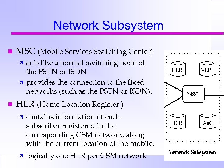 Network Subsystem n MSC (Mobile Services Switching Center) ä ä n acts like a