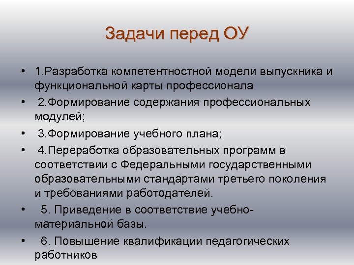 Задачи перед ОУ • 1. Разработка компетентностной модели выпускника и функциональной карты профессионала •