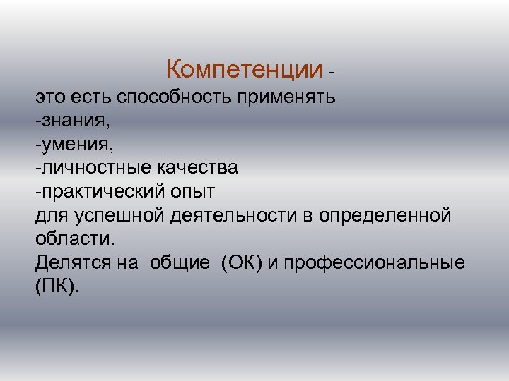 Компетенции это есть способность применять -знания, -умения, -личностные качества -практический опыт для успешной деятельности