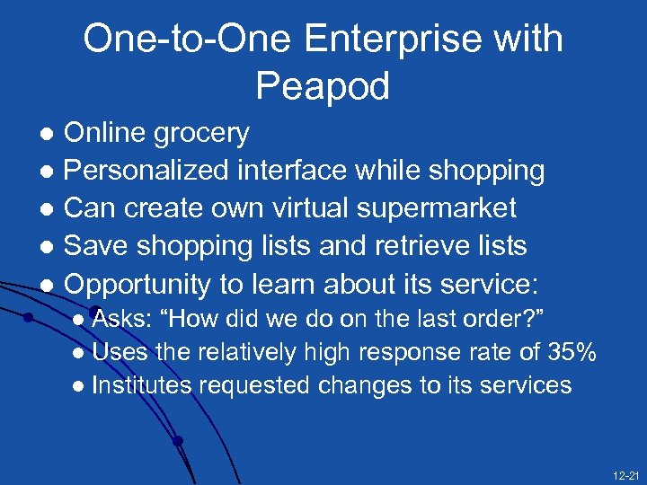 One-to-One Enterprise with Peapod Online grocery l Personalized interface while shopping l Can create