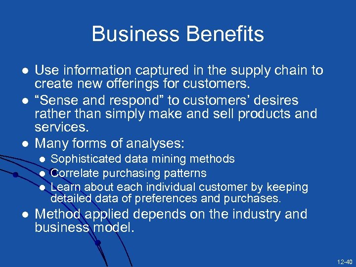 Business Benefits l l l Use information captured in the supply chain to create