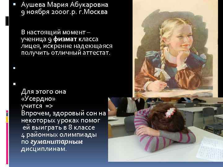  Аушева Мария Абукаровна 9 ноября 2000 г. р. г. Москва В настоящий момент