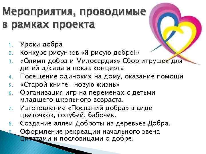 Мероприятия, проводимые в рамках проекта 1. 2. 3. 4. 5. 6. 7. 8. 9.