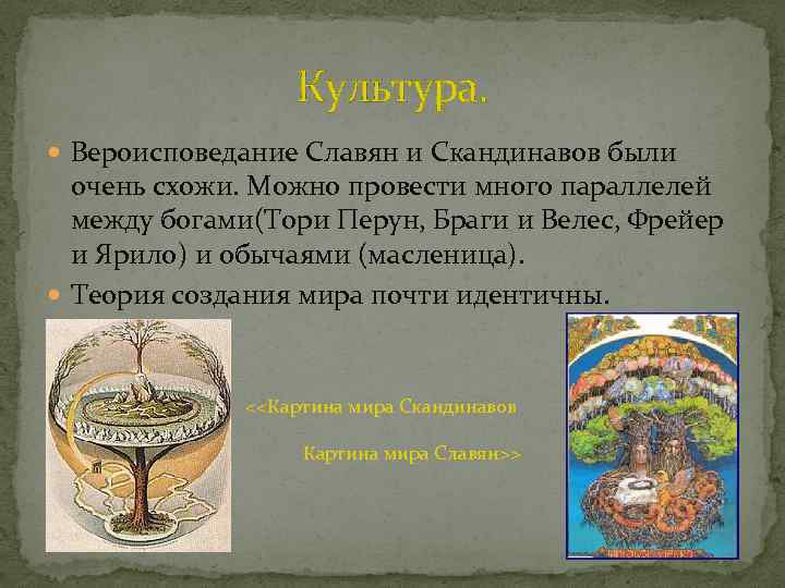 Культура. Вероисповедание Славян и Скандинавов были очень схожи. Можно провести много параллелей между богами(Тори