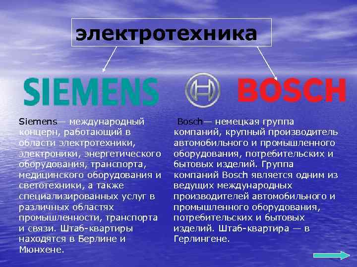 электротехника Siemens— международный концерн, работающий в области электротехники, электроники, энергетического оборудования, транспорта, медицинского оборудования