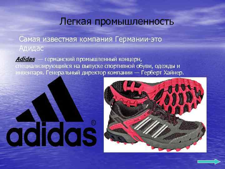 Легкая промышленность Самая известная компания Германии-это Адидас Adidas — германский промышленный концерн, специализирующийся на