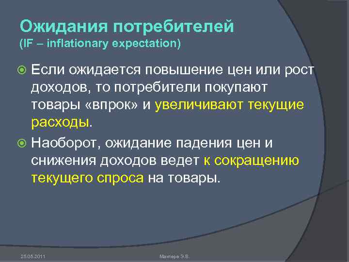 Ожидания потребителей (IF – inflationary expectation) Если ожидается повышение цен или рост доходов, то